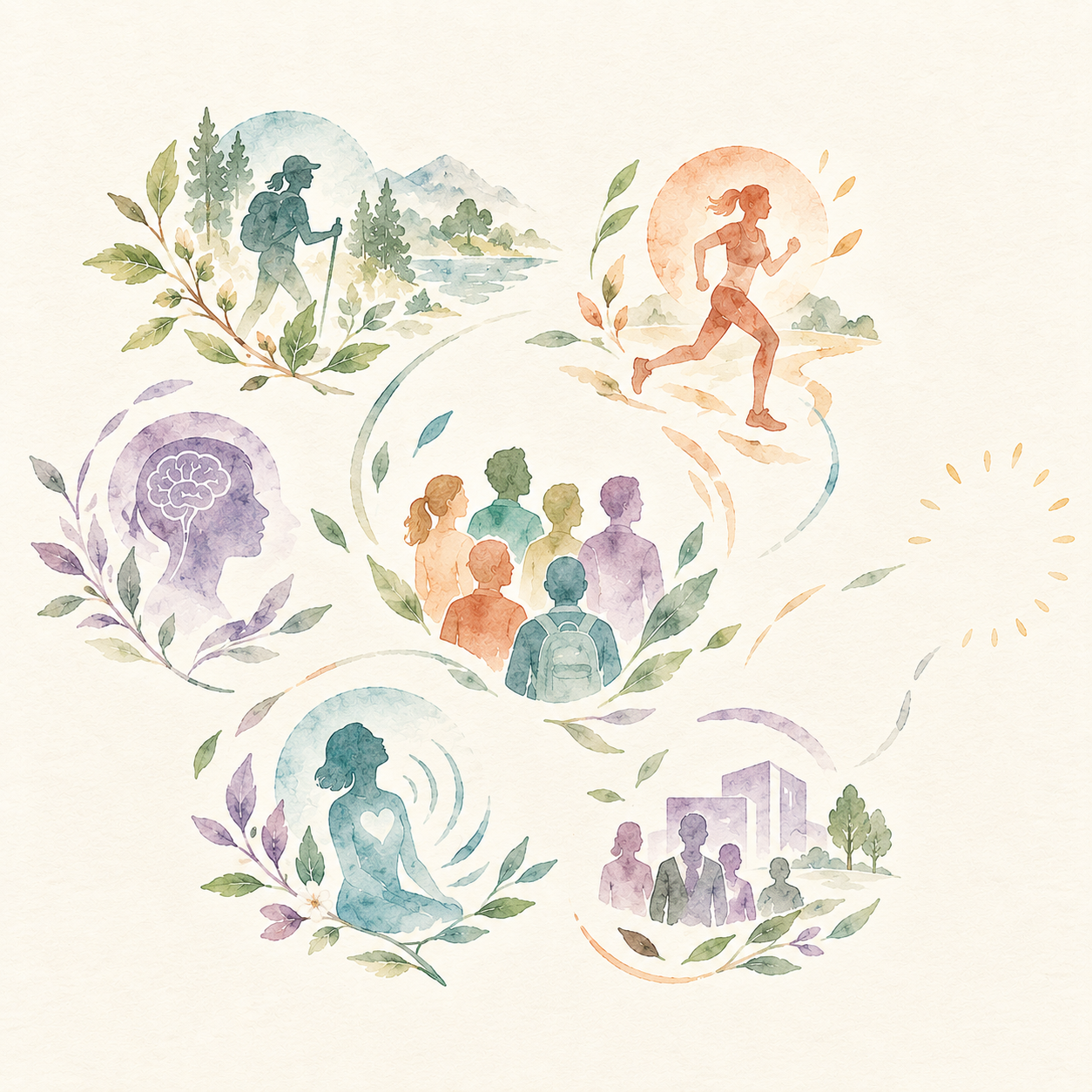 Illustration des activités de L'ÂMC : santé psychologique, thérapies complémentaires, activité physique santé, conférences et ateliers, coaching et analyse de pratique, jardin thérapeutique