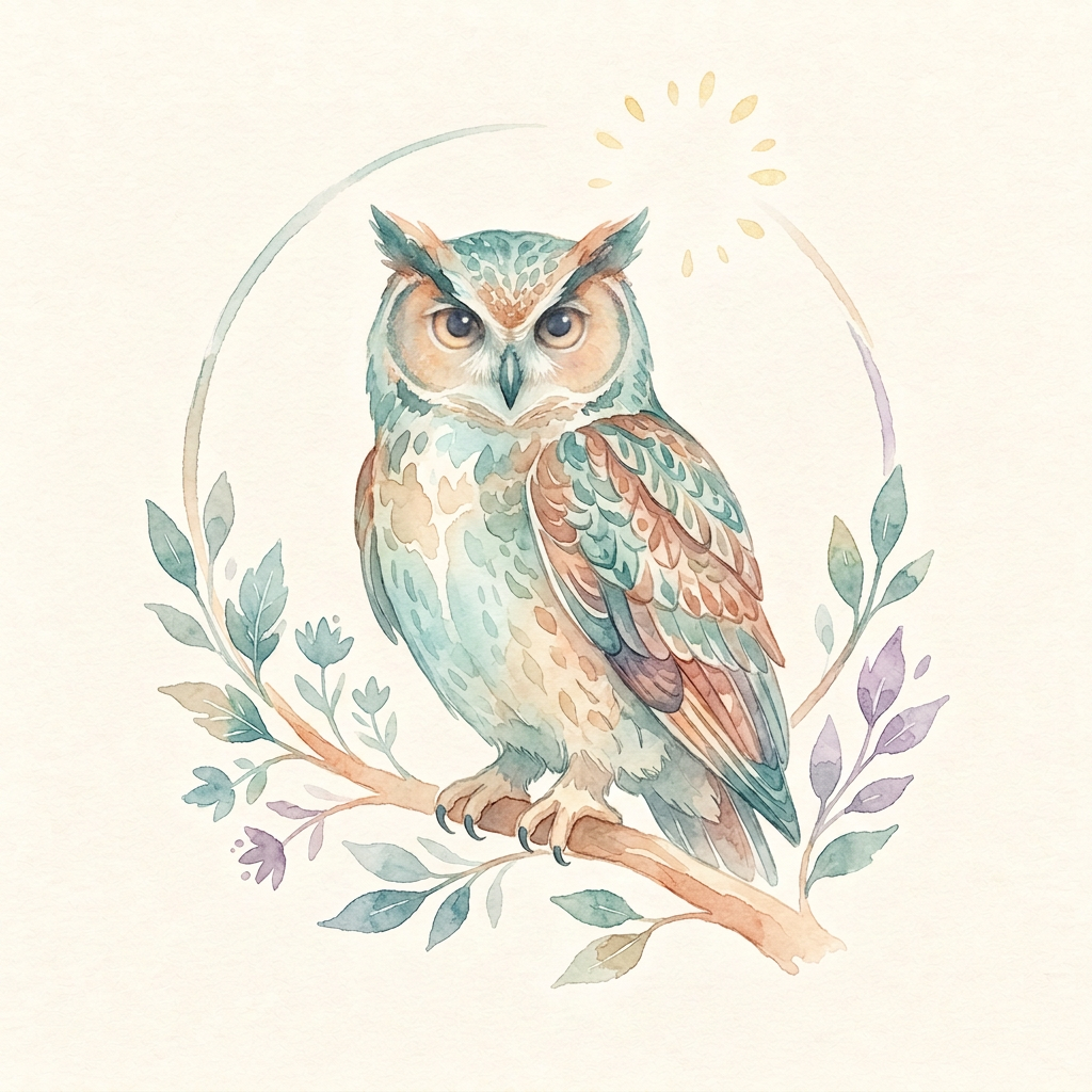 Illustration à l'aquarelle : une chouette perchée sur une branche fleurie