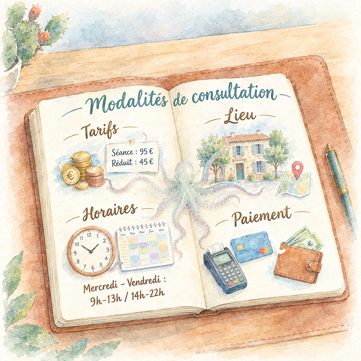 Carnet présentant les modalités de consultation : tarifs, lieu, horaires et paiement